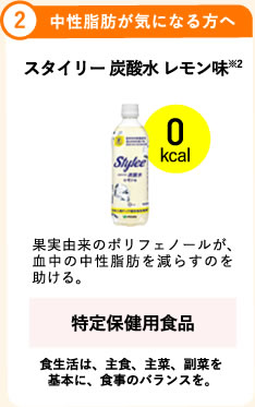 2.中性脂肪が気になる方へ スタイリー 炭酸水 レモン味※2 0kcal 果実由来のポリフェノールが、血中の中性脂肪を減らすのを助ける。 特定保健用食品  食生活は、主食、主菜、副菜を基本に、食事のバランスを。