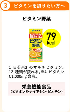 3.ビタミンを摂りたい方へ ビタミン野菜 79kcal 1日分※3のマルチビタミン、12種類が摂れる。※4ビタミンC1,000mg含有。 栄養機能食品（ビタミンE・ナイアシン・ビオチン）