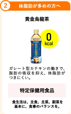 2.体脂肪が多めの方へ 黄金烏龍茶 0kcal ガレート型カテキンの働きで、脂肪の吸収を抑え、体脂肪がつきにくい。 特定保健用食品  食生活は、主食、主菜、副菜を基本に、食事のバランスを。