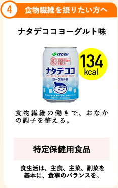 4.食物繊維を摂りたい方へ ナタデココヨーグルト味 134kcal 食物繊維の働きで、おなかの調子を整える。 特定保健用食品  食生活は、主食、主菜、副菜を基本に、食事のバランスを。